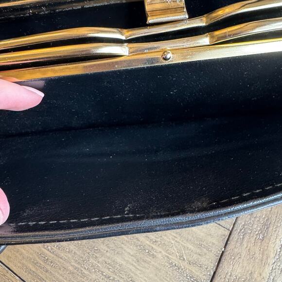 VTG 60's Black Accordion Pocket Snap Over Kisslock Handbag Double Straps Retro - Picture 9 of 16